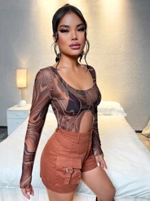 SHEIN 大理石圖案不對稱下擺短款網紗上衣 - 彩色 - 查看 3