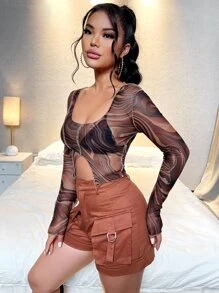 SHEIN 大理石圖案不對稱下擺短款網紗上衣 - 彩色 - 查看 4