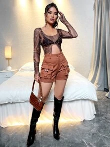 SHEIN 大理石圖案不對稱下擺短款網紗上衣 - 彩色 - 查看 5