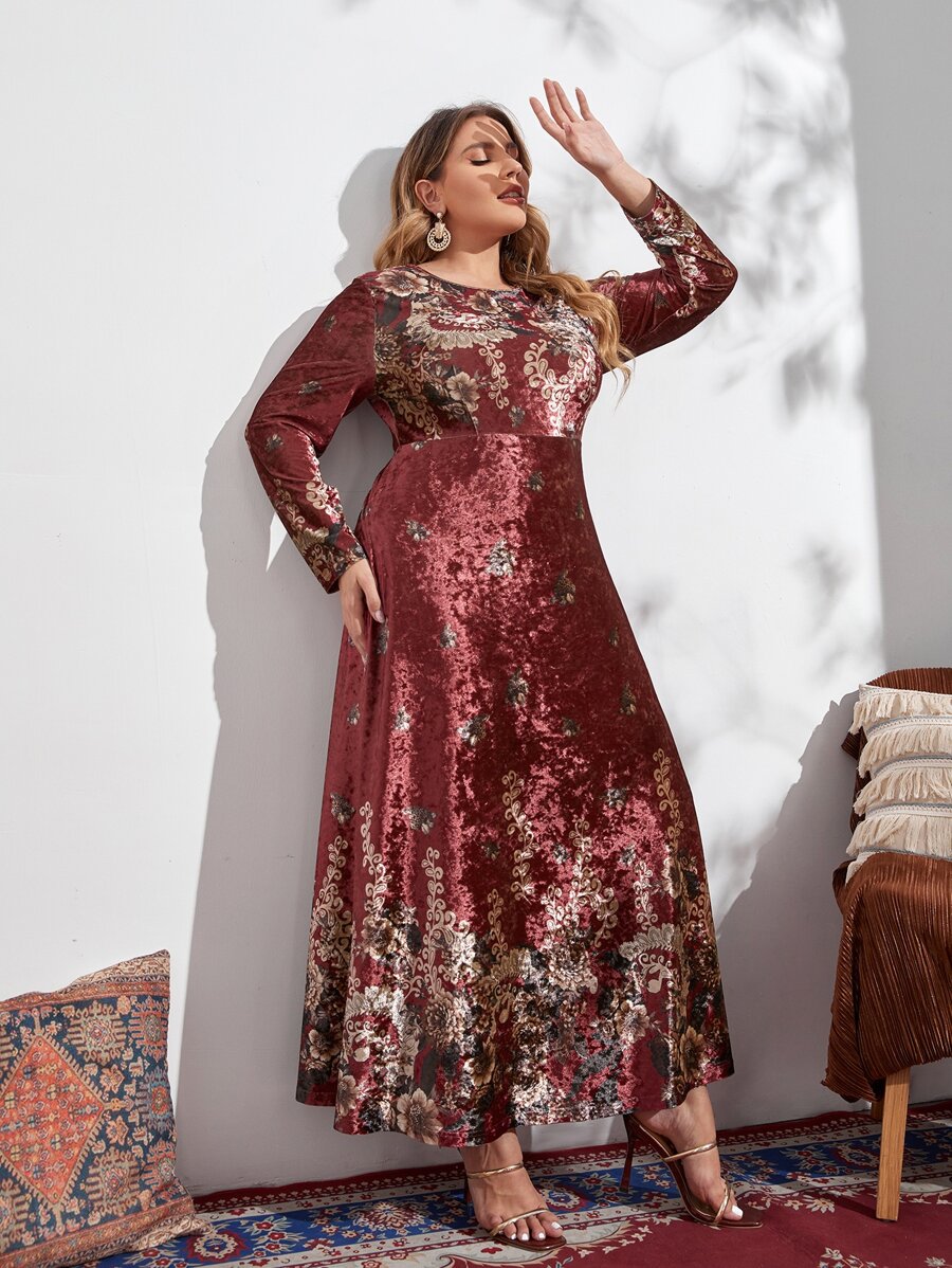 Modelyn Plus Size Floral Print Velvet Dress - Multicolor - View 1