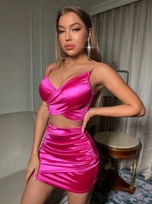 SHEIN SXY 水鑽帶交叉緞面吊帶上衣和包臀半身裙 - 玫紅色 - 查看 4