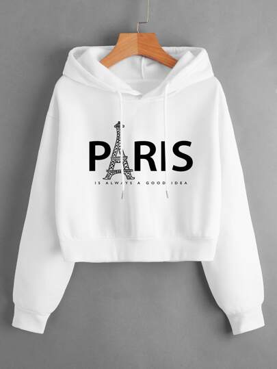 INAWLY Eiffel Tower & Slogan Graphic Drop Shoulder Drawstring Thermal Lined Hoodie PARIS IS ALWAYS A GOOD IDEA,Long Sleeve Tops Graduation,Back To School Outfits,Graduation,Teacher Outfits For Women,Back To School Pullover Fall Outfit