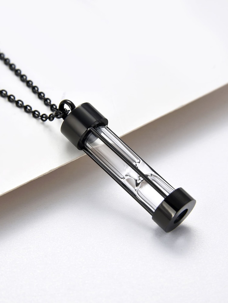 1pc Stainless Steel Smooth Cylinder Perfume Bottle/Pill Container Simple Fashion Pendant Necklace - Black - View 2