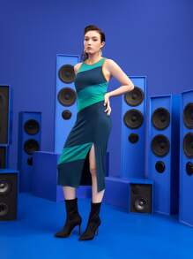 MONOSODIUM Colour Block Criss Cross Back Split Thigh Dress - Multicolor - View 5