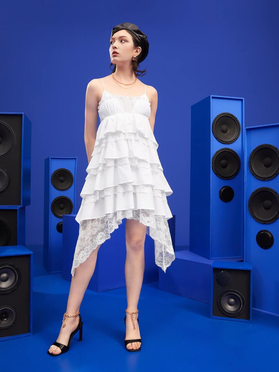 Gytarh Layered Hem Lace Panel Cami Dress - White - View 1