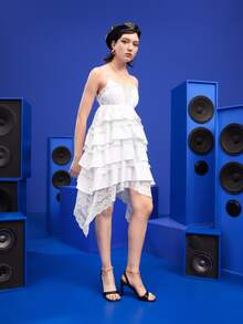 Gytarh Layered Hem Lace Panel Cami Dress - White - View 3