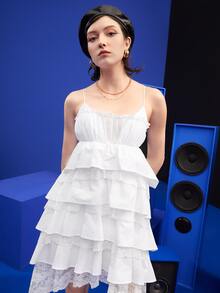 Gytarh Layered Hem Lace Panel Cami Dress - White - View 4