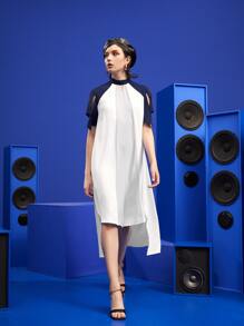 Dewey Soltura Vestido de color combinado de cuello con abertura de ojo de manga con abertura bajo irregular - Blanco - Ver 1