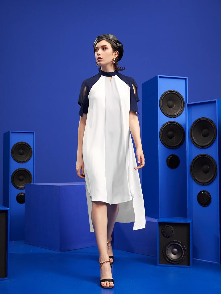 Dewey Soltura Vestido de color combinado de cuello con abertura de ojo de manga con abertura bajo irregular - Blanco - Ver 1