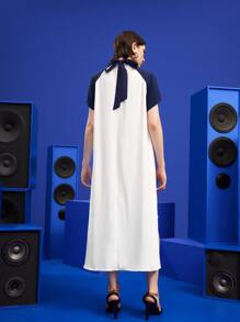 Dewey Soltura Vestido de color combinado de cuello con abertura de ojo de manga con abertura bajo irregular - Blanco - Ver 2