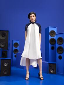 Dewey Soltura Vestido de color combinado de cuello con abertura de ojo de manga con abertura bajo irregular - Blanco - Ver 3