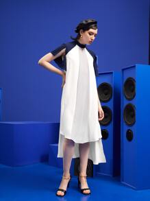 Dewey Soltura Vestido de color combinado de cuello con abertura de ojo de manga con abertura bajo irregular - Blanco - Ver 4