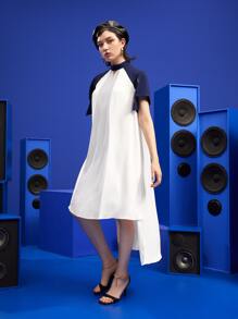 Dewey Soltura Vestido de color combinado de cuello con abertura de ojo de manga con abertura bajo irregular - Blanco - Ver 5