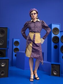 Felicis Allover Print Asymmetric Hem Spliced Skirt - Multicolor - View 3