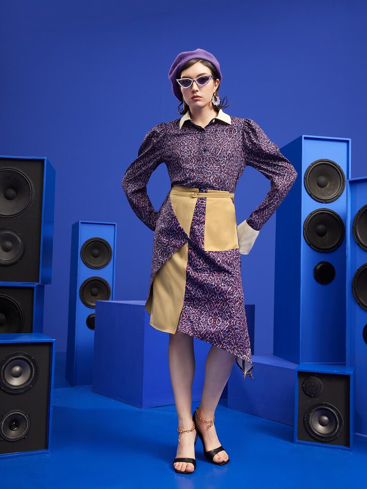 Felicis Allover Print Asymmetric Hem Spliced Skirt - Multicolor - View 3