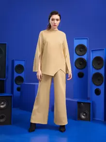 Alisa Split Sleeve Asymmetrical Hem Top & Split Back Wide Leg Trousers - Khaki - View 1