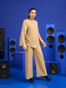 Alisa Split Sleeve Asymmetrical Hem Top & Split Back Wide Leg Trousers - Khaki - View 3