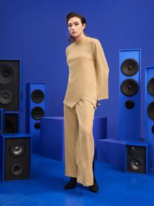 Alisa Split Sleeve Asymmetrical Hem Top & Split Back Wide Leg Trousers - Khaki - View 4