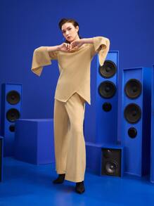 Alisa Split Sleeve Asymmetrical Hem Top & Split Back Wide Leg Trousers - Khaki - View 5