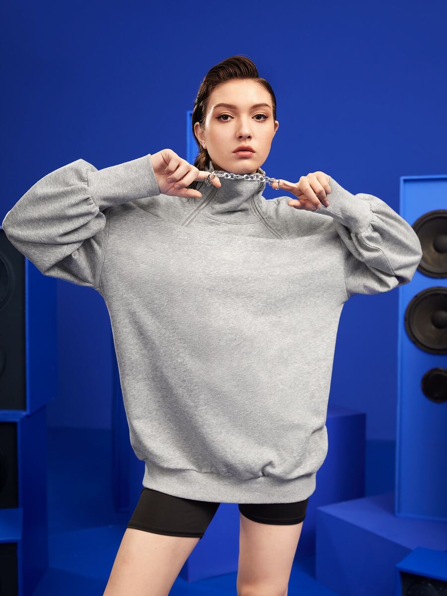 Alisa High Neck Drop Shoulder Sweatshirt - Light Grey - View 1