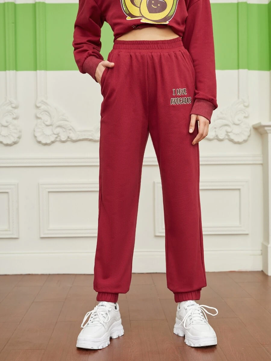 Tobefonseca Slant Pocket Slogan Embroidery Joggers - Burgundy - View 1