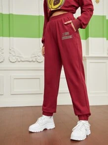 Tobefonseca Slant Pocket Slogan Embroidery Joggers - Burgundy - View 6