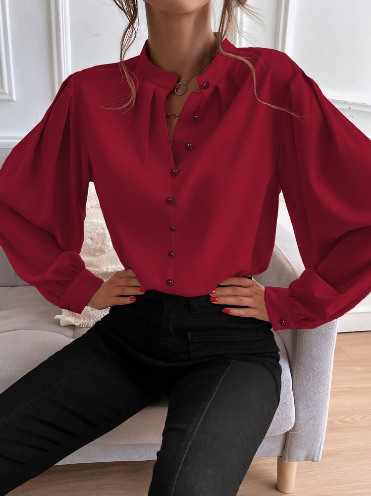 SHEIN Frenchy Bishop Sleeve Button Up Blouse - Burgundy - View 1