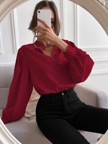 SHEIN Frenchy Blusa de manga obispo con botón - Burdeos - Ver 4