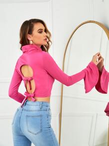 LRoyalty High Neck Bell Sleeve Tie Backless Crop Tee - Hot Pink - View 1