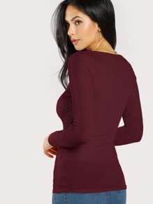 SHEIN Scoop Neck Ribbed Henley Tee - Burgundy - View 1