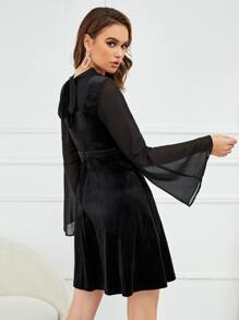 Evil Ashley Contrast Mesh Mock Neck Tie Back Flounce Sleeve Velvet 2 In 1 Dress - Black - View 3