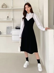 DAZY Solid Zip Back Cami Dress Without Blouse - Black - View 1