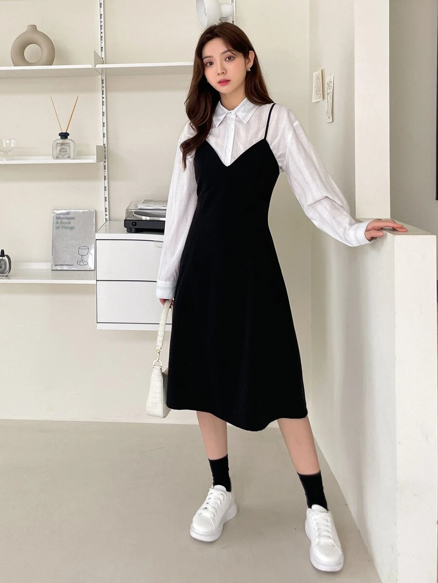 DAZY Solid Zip Back Cami Dress Without Blouse - Black - View 1