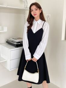 DAZY Solid Zip Back Cami Dress Without Blouse - Black - View 3