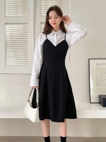 DAZY Solid Zip Back Cami Dress Without Blouse - Black - View 5