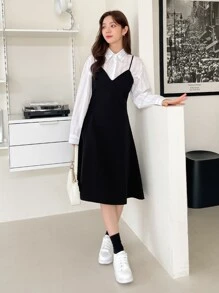 DAZY Solid Zip Back Cami Dress Without Blouse - Black - View 7