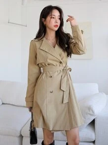 DAZY Com cinto Botão Duplo Bolso Simples elegante Gabardinas femininas - Caqui - Visão 7