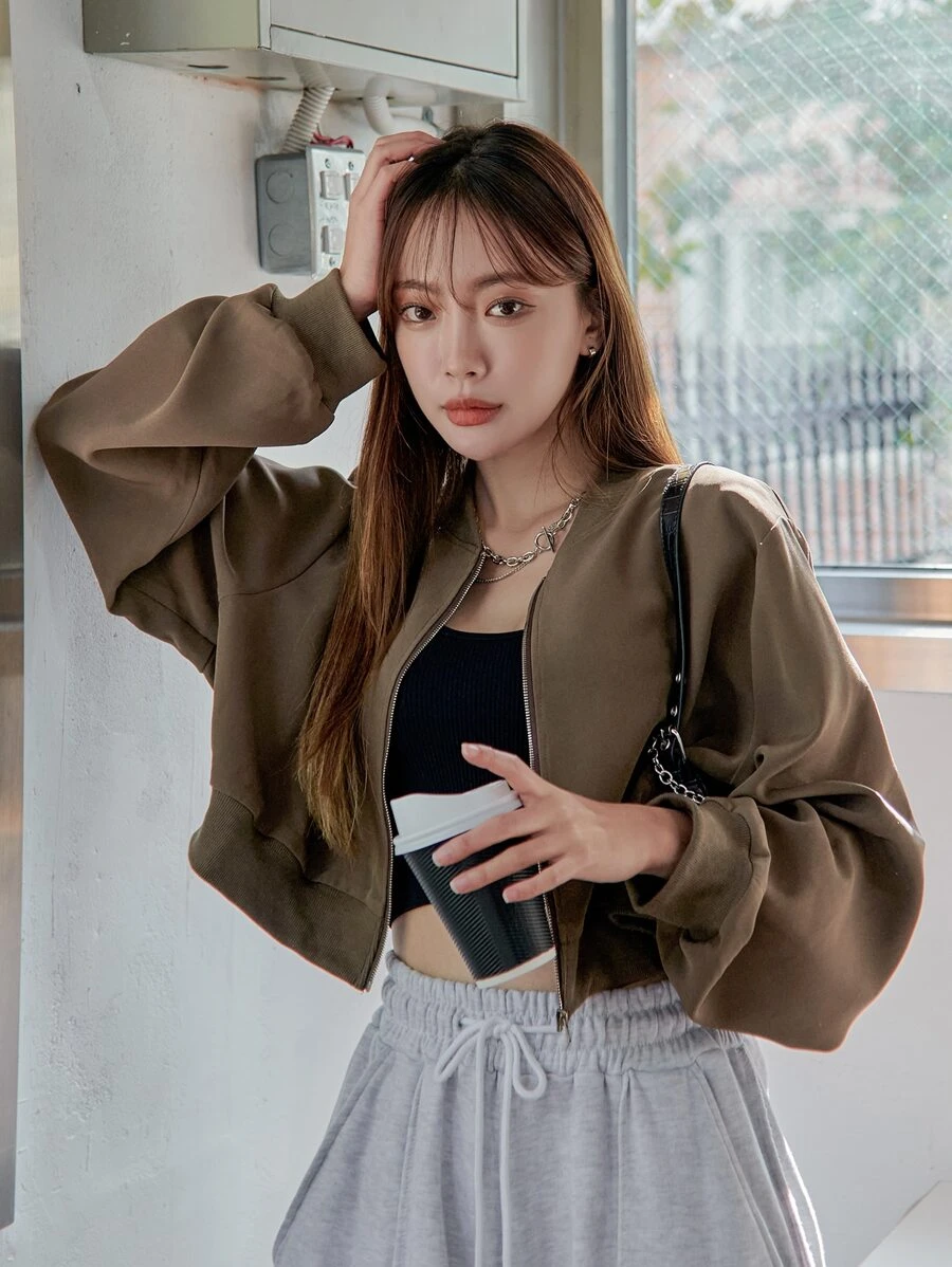 DAZY Drop Shoulder Zipper Bomber Jacket,Fall Clothes - Mocha Brown - View 1