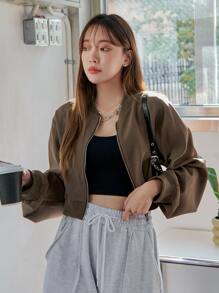 DAZY Drop Shoulder Zipper Bomber Jacket,Fall Clothes - Mocha Brown - View 3