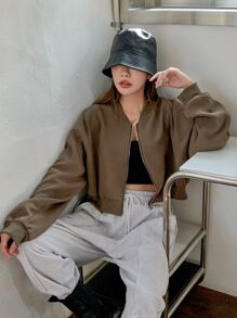 DAZY Drop Shoulder Zipper Bomber Jacket,Fall Clothes - Mocha Brown - View 4