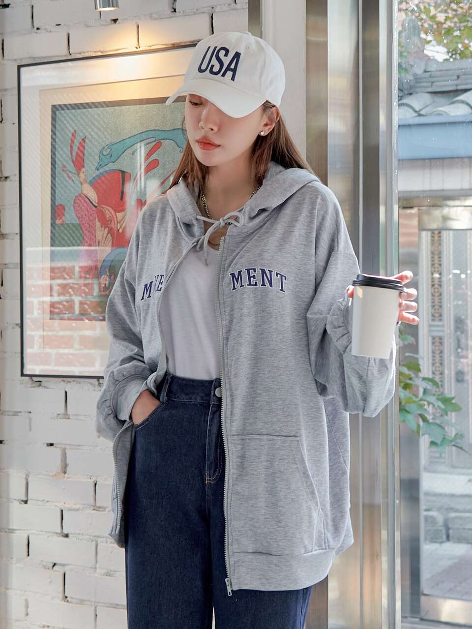 Letter Graphic Drop Shoulder Drawstring Hoodie