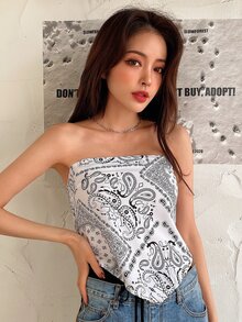 DAZY 佩斯利絲巾圖案後綁帶方巾下擺短款抹胸上衣 - 白色 - 查看 5