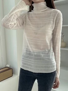 DAZY High Neck Lace Top Without Bra Sheer Long Sleeve Women Tops,Fall Women Clothes - Apricot - View 8