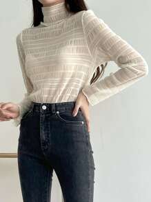 DAZY High Neck Lace Top Without Bra Sheer Long Sleeve Women Tops,Fall Women Clothes - Apricot - View 5