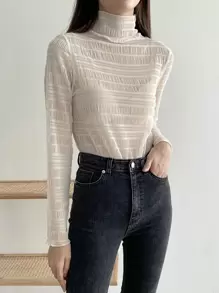 DAZY High Neck Lace Top Without Bra Sheer Long Sleeve Women Tops,Fall Women Clothes - Apricot - View 3