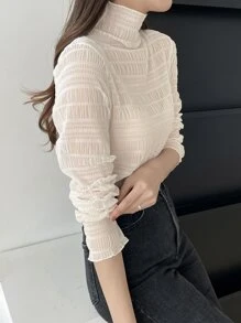 DAZY High Neck Lace Top Without Bra Sheer Long Sleeve Women Tops,Fall Women Clothes - Apricot - View 4