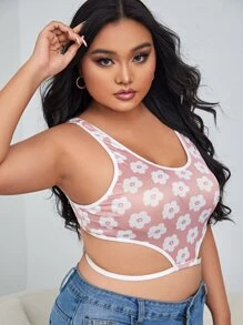 Plus Floral Print Mesh Bralet - Pink - View 1