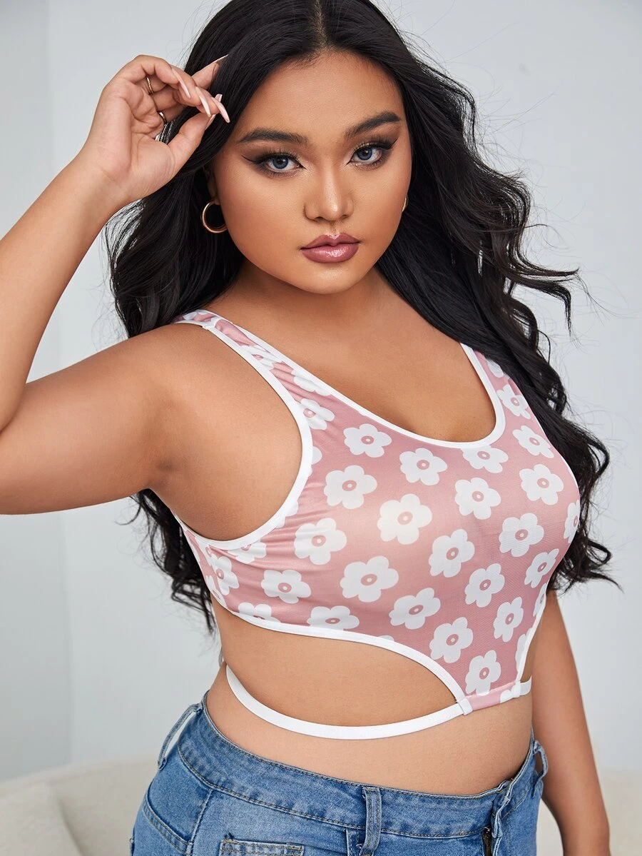Plus Floral Print Mesh Bralet - Pink - View 1