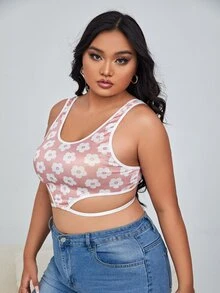 Plus Floral Print Mesh Bralet - Pink - View 3