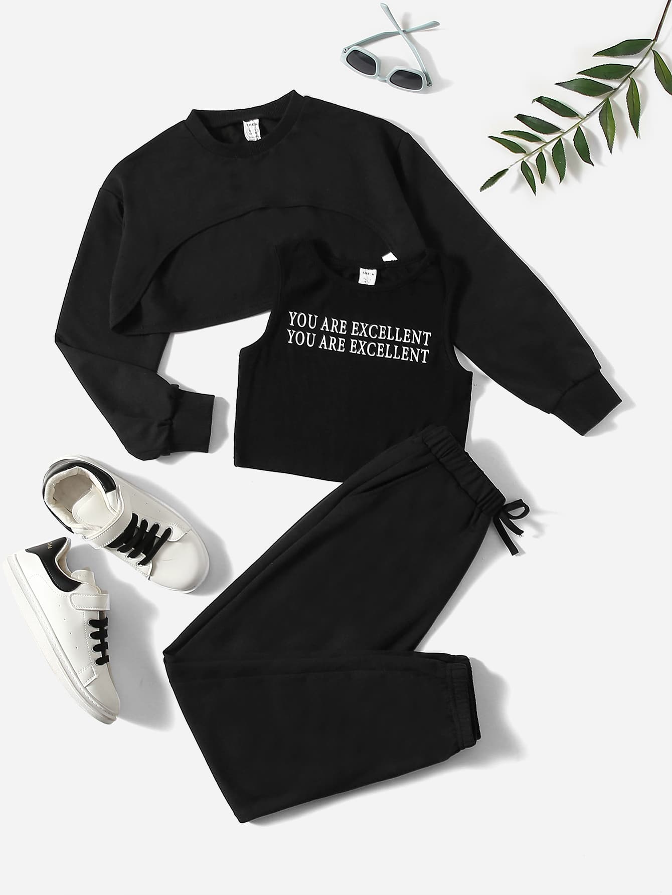 SHEIN Bộ hai mảnh Gái Dây kéo Túi Slogan Giải trí - màu đen - Xem 1